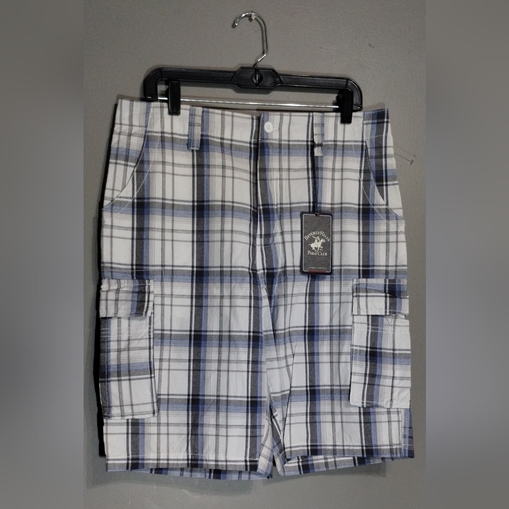 Berverly Hills Polo Club Shorts Men's (34) De White Plaid Cargo Shorts